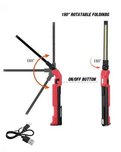 Ultra-Slim rechargeable inspection light showing its 180-degree folding head and USB cable