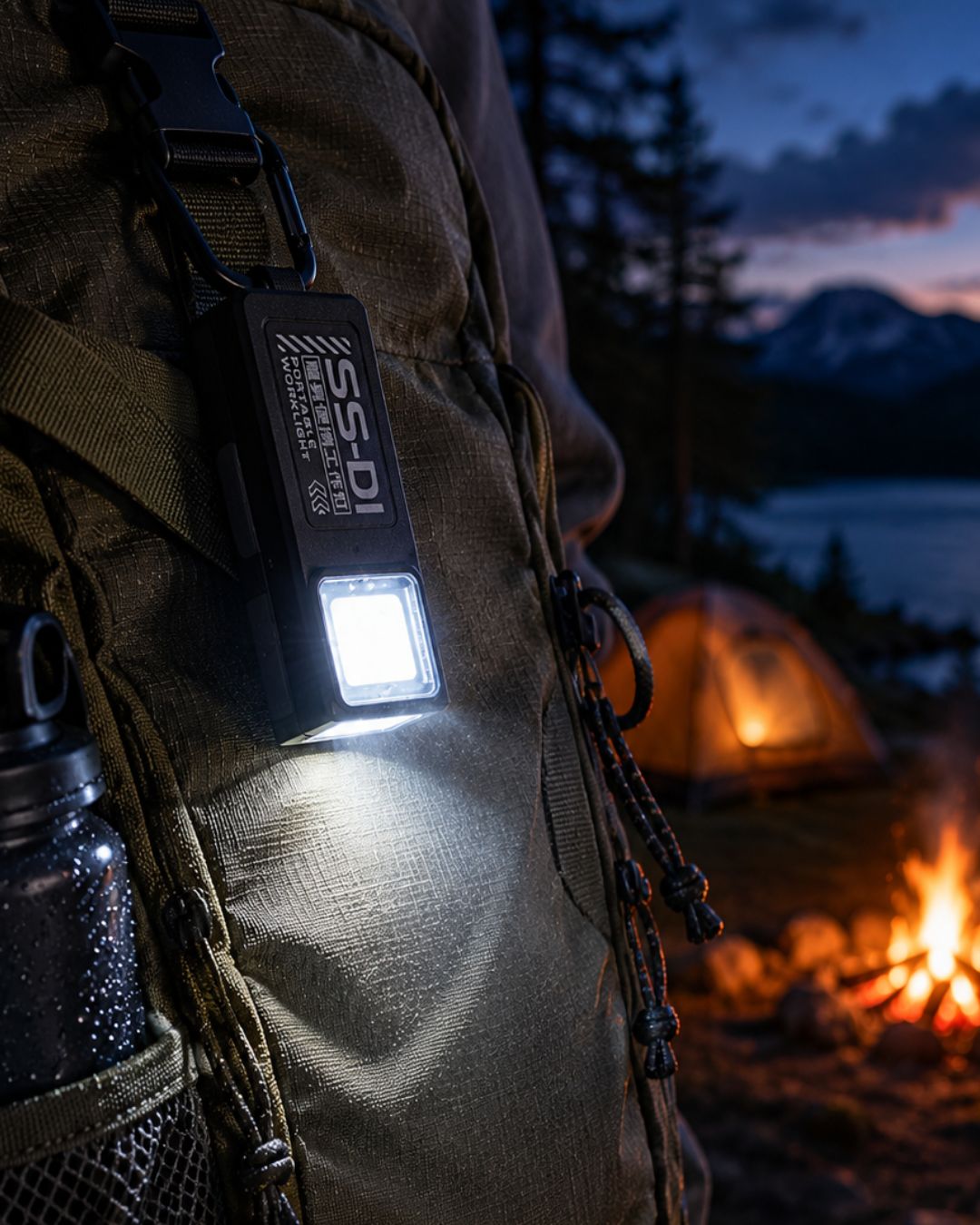 Vellcom™ Mini Clip-On COB Rechargeable Light clipped to a backpack at a campsite